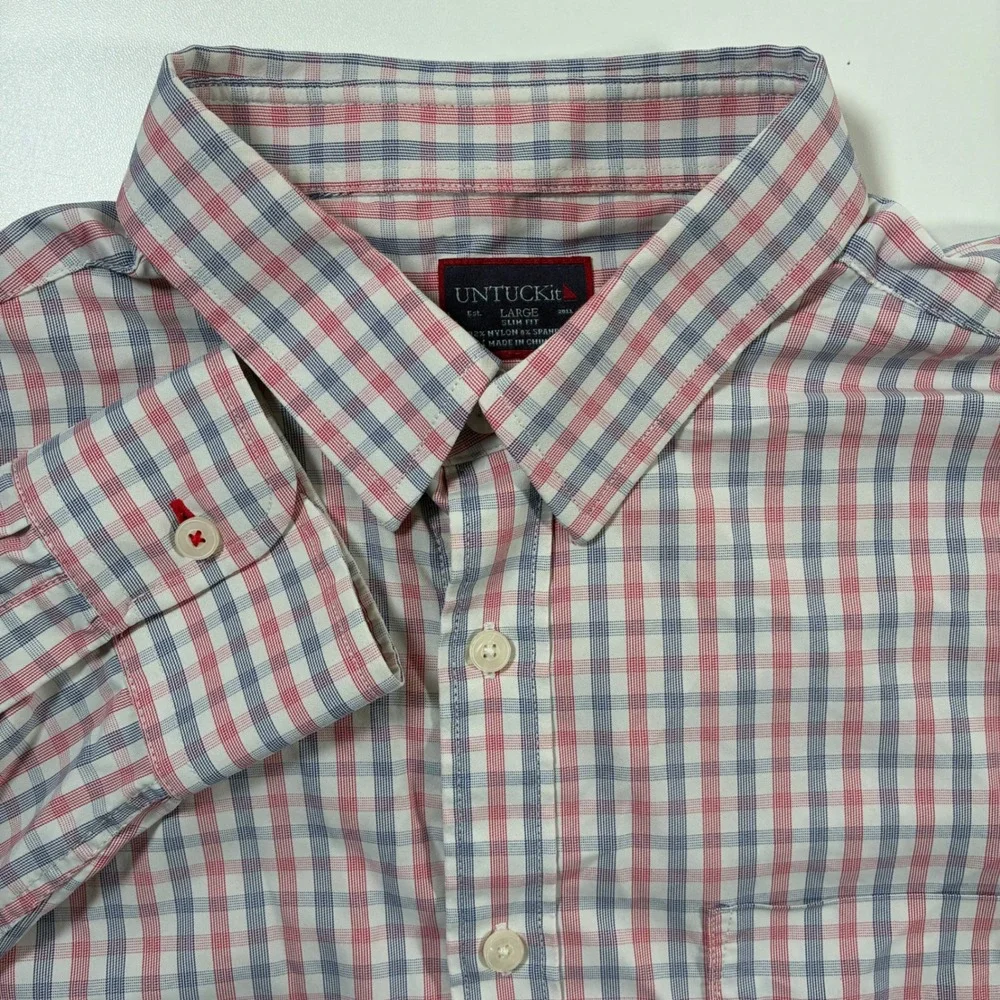 UNTUCKit Performance Shirt Shirt Large Red Blue Check Slim Fit Nylon Stretch